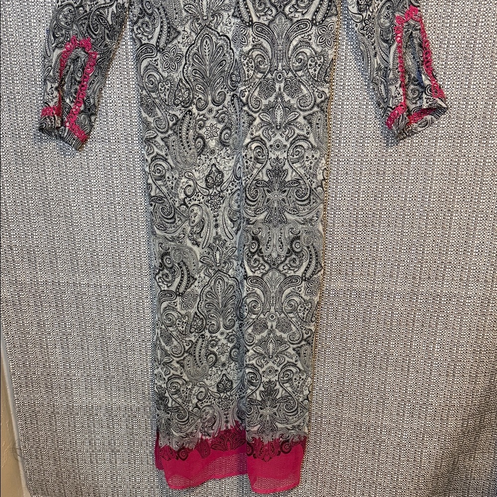 Maxi Length Semi Sheer Embroidered Black & Pink Paisley Tunic Swim Coverup - Picture 14 of 15